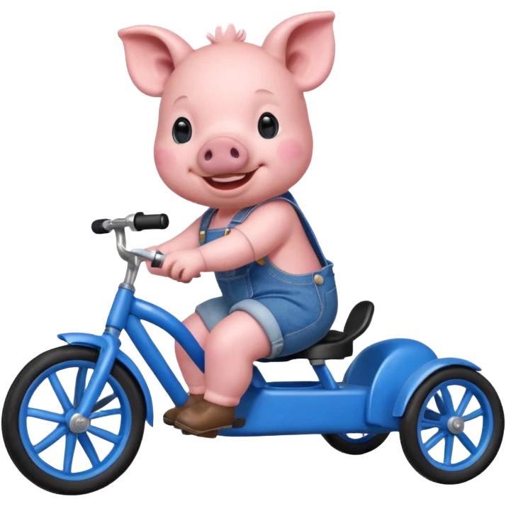 smiling pig wearing overalls and riding a blue tricycle emoji