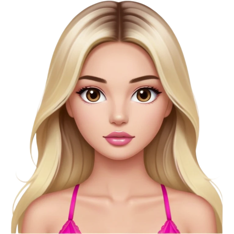 Victoria’s Secret model victoria’s secret model with long light blonde straight balayage hair, dark brown almond and small eyes, oval face, small lips, on pink lingerie emoji