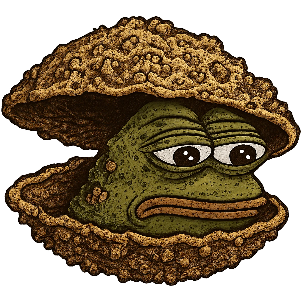 Add more crust details to the crusty clam in the style of green bufo frog meme, keep the bufo frog meme style, no background. emoji