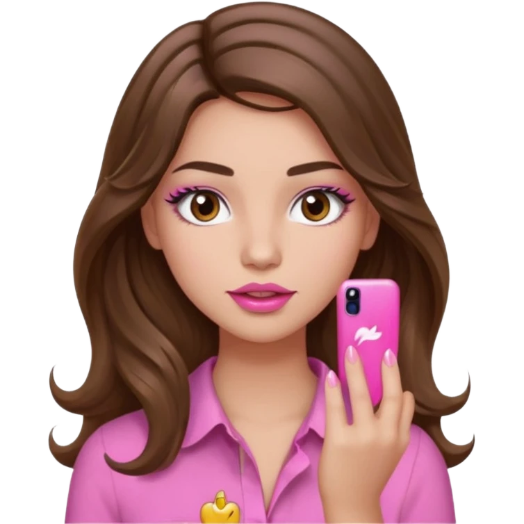 girl with long wavy brown hair, brown eyes, light to medium complexion, in a pink shirt, pink lips, long lashes, puckered lips, showing off a pink manicure emoji