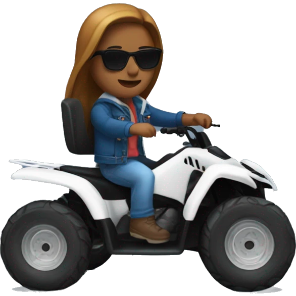 quad bike white with developer with blue jeans, bred jacket and sunglasses riding, with brown and long hair emoji