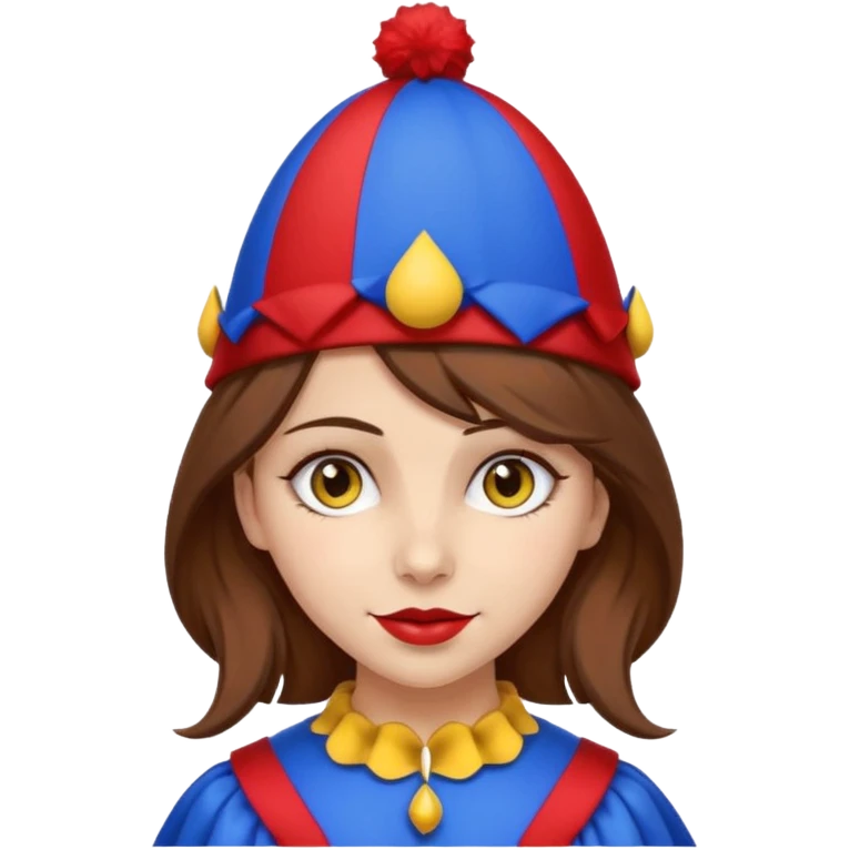 a girl with brown hair a blue and red jester hat with yellow pom pom's at the tip of the jester hat her eyes a patren of red and blue  emoji
