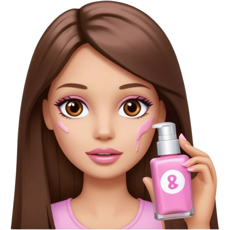 Barbie girl a brown long Straight hair and brown eyes is In pale pink smears by hand cosmetic cream on her face emoji
