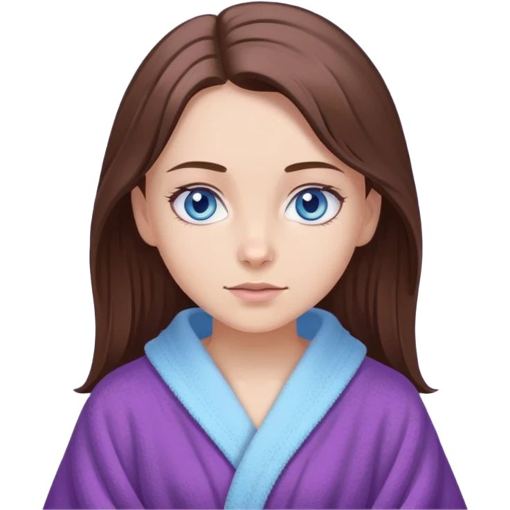 Blue eyed fair skinned girl in purple robe. Her brown hair is up in a light purple towel emoji