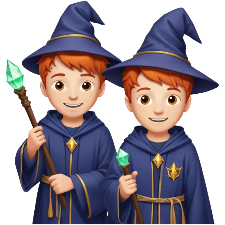 Two identical redheaded teenage boys with mischievous grins, freckles, and wizard robes emoji