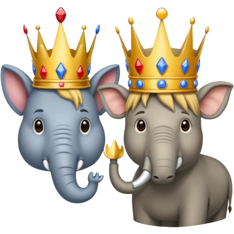 Democratic Party elephant facing Republican Party donkey with face of Donald Trump wearing a crown in between them emoji
