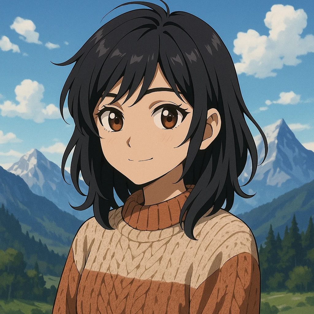 anime style Indian girl with black layered hair, brownish-black eyes, fair skin, wearing a cozy sweater, mountain scenery emoji