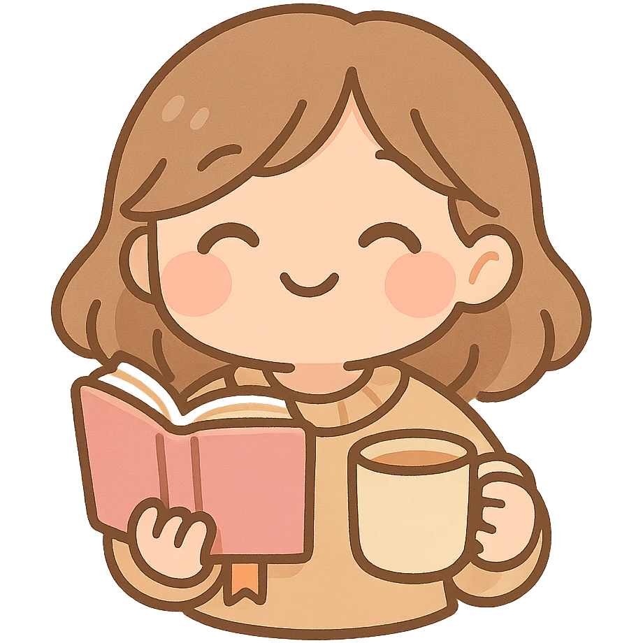 cozy book, pastel colors, smiling face, bookmark, chibi style, holding a cup of tea emoji