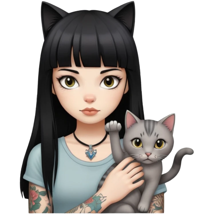girl with long black  straight bangs hair and tattoos and a light grey-shared cat emoji
