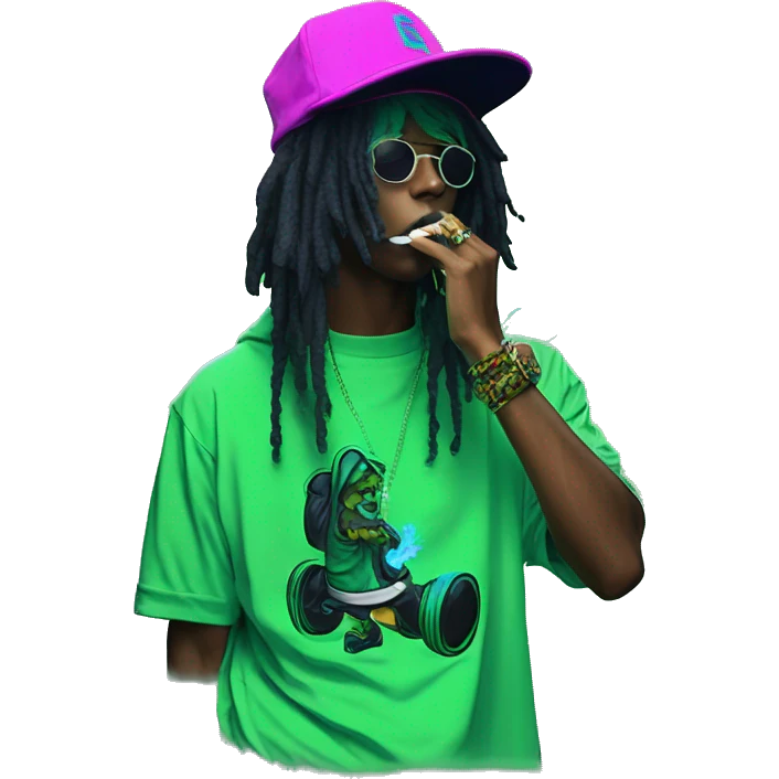 Multicoloured neon black and green graffiti person smoking wearing hoodie dancing hip hop bucket hat tropical Skater fashion aesthetic baggy clothes graphic t shirt 420 emoji