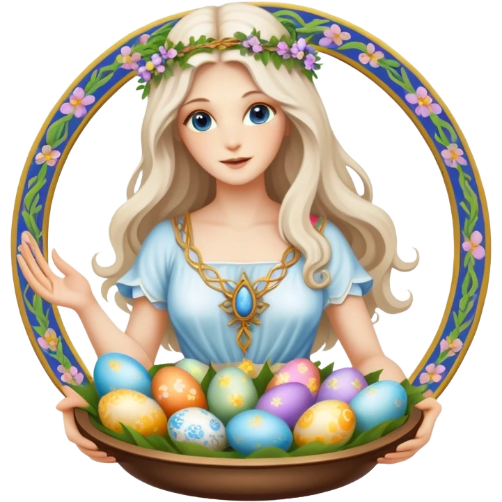 A beautiful goddess Eostre with flowing hair and spring flowers, holding Easter eggs and a Passover seder plate emoji