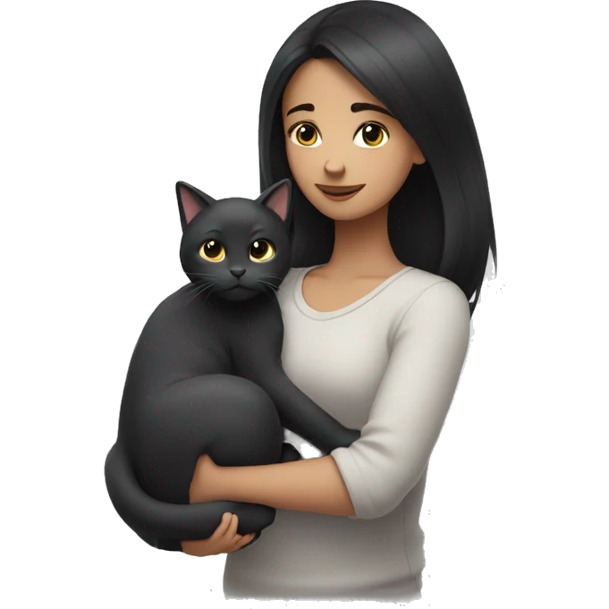 A girl with black hair hugs a gray cat emoji