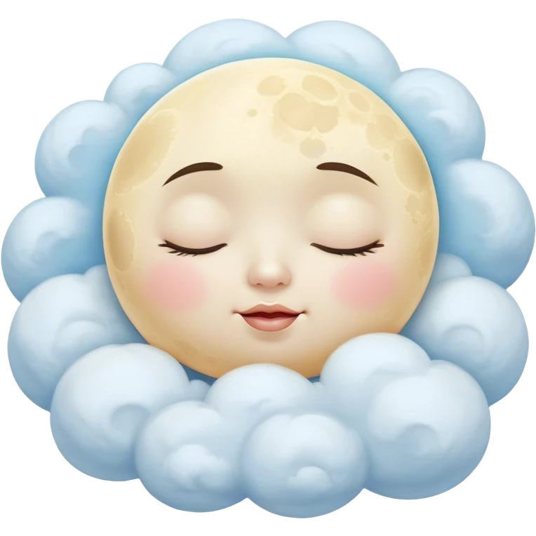 Cinematic adorable moon with a sleepy face, round and chubby, soft glowing light, tiny rosy cheeks, resting on a bed of fluffy clouds, dreamy and peaceful. emoji