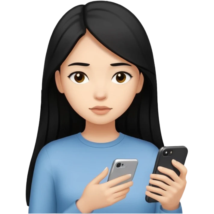 A long, black haired girl with light skin and straight hair, looking at her phone, clean Minal aesthetic emoji