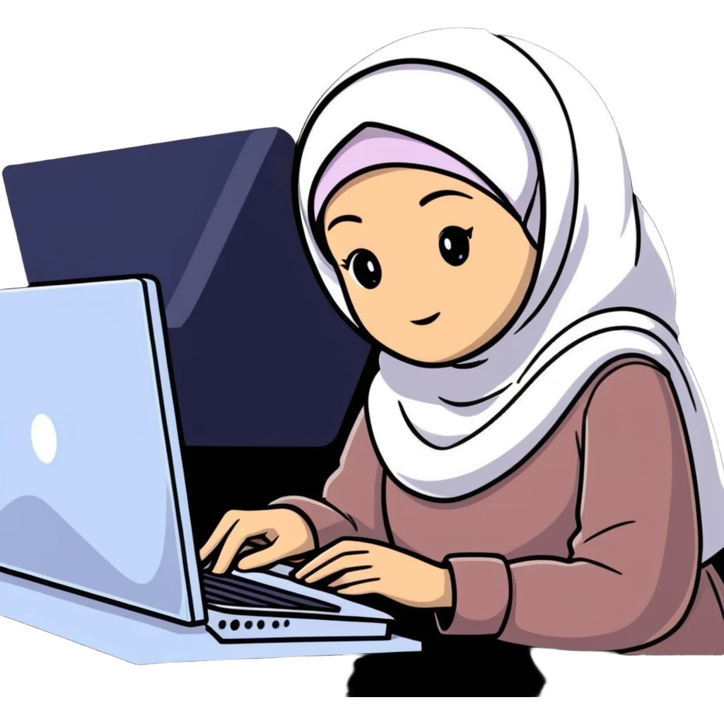 girl wearing hijab as computer science engineer working with metaverse digital world emoji