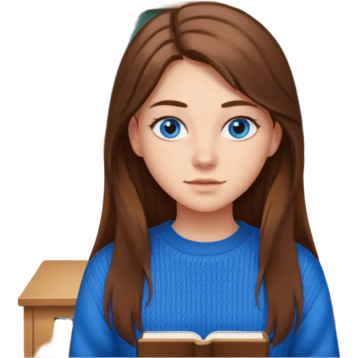high school class room with a pretty female high school student with long brown hair, blue eyes emoji