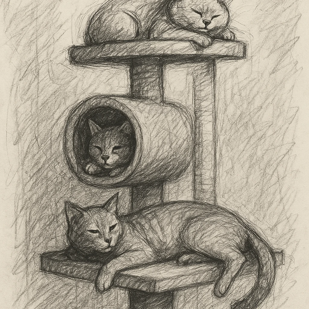 cats relaxing in a vertical playhouse emoji