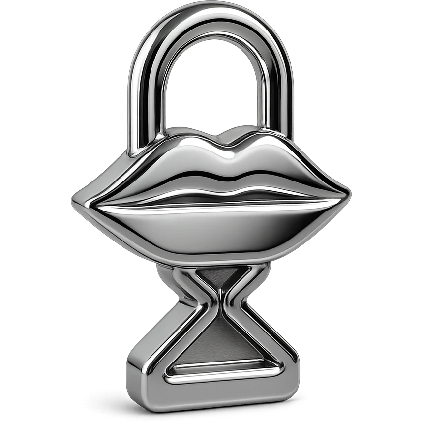 Minimal flat icon representing silence and restraint: a closed mouth combined with a lock or hourglass emoji