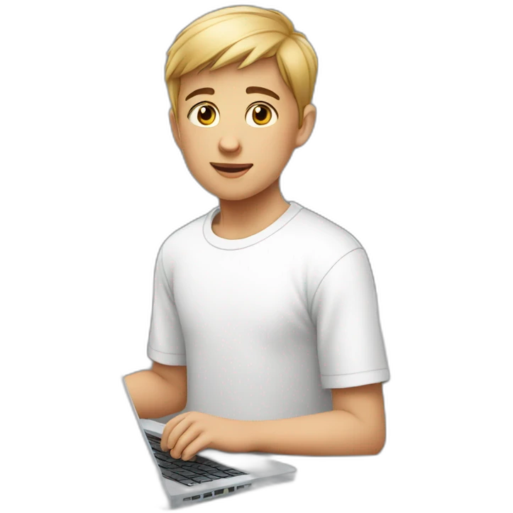 young boy, in a white T-shirt, with short hair, with a laptop emoji