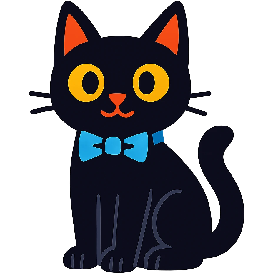 black cat with a blue bowtie collar, vibrant cartoon style emoji