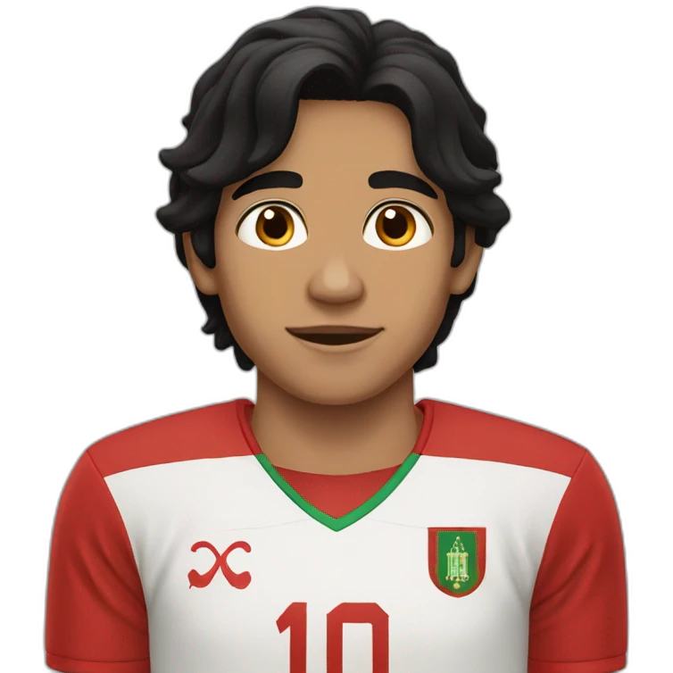 A boy with long black hair and Brown eyes and morocco jersey emoji