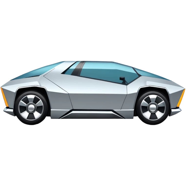 A futuristic chrome car emoji, sharp geometric body design inspired by cybertruck aesthetics, smooth silver metallic surface, matte and glossy chrome mix, minimal details, soft reflections, clean edges, iOS emoji style, centered, clean white background, soft studio lighting, no text emoji