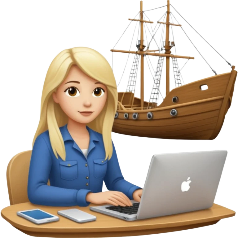 a blondie woman with long hair working with a computer laptop and a grains vessel (boat) around emoji