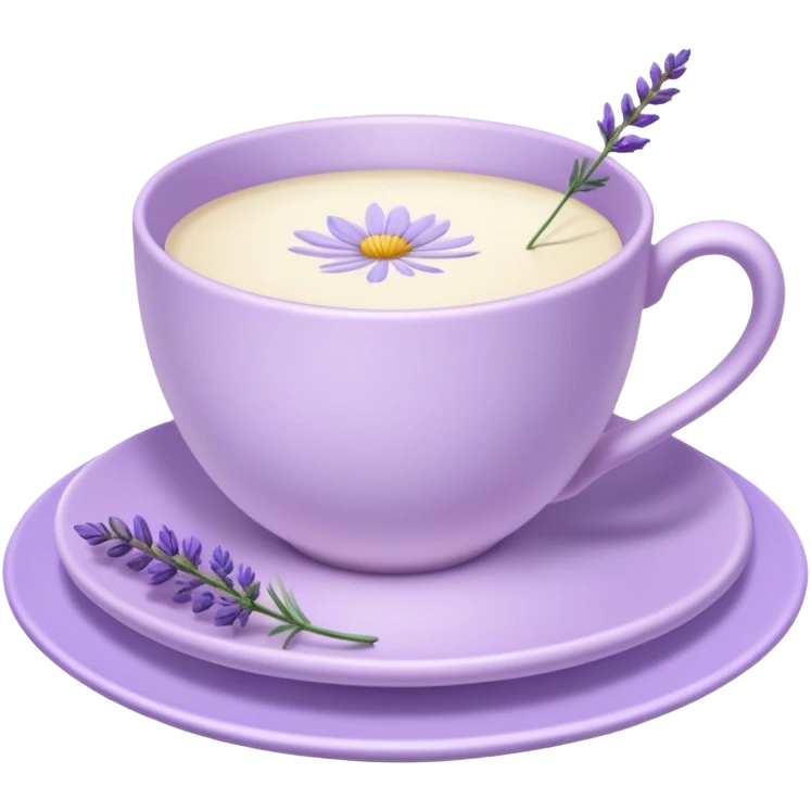 White teacup on a pastel purple plate, lavender flowers on the side, pastelcore aesthetic, cottagecore emoji