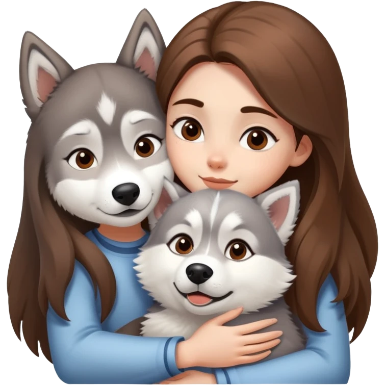 Girl with Brown long hair make a hug to a husky white and Just Little grey  emoji