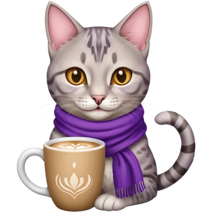 Happy Egyptian Mau Cat with purple scarf holding in its front two paws a hot latte in a white mug emoji
