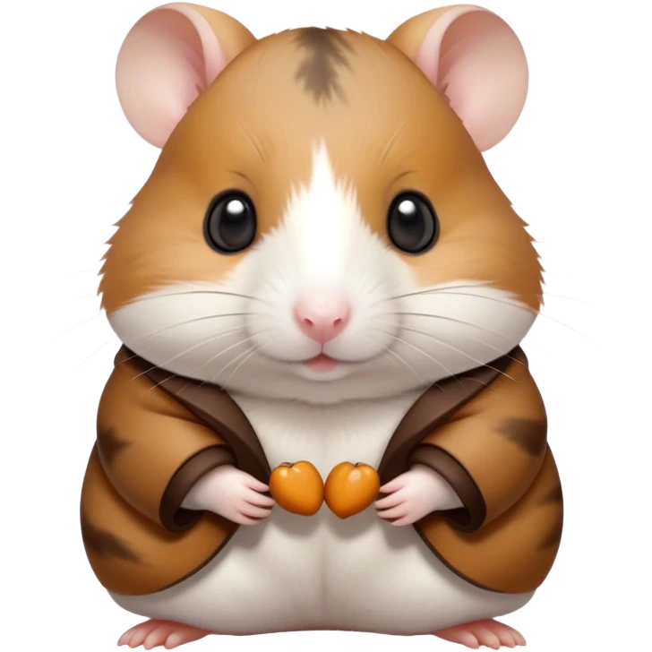 Cinematic Noble Brown and White Banded Hamster Portrait Emoji, Poised and regal, with a tiny, compact build and a uniquely patterned coat of warm brown and crisp white bands, deep-set soulful dark eyes, Simplified yet sharp and sophisticated features, highly detailed, glowing with a soft, dignified glow, high shine, intelligent and charming, stylized with an air of distinctive elegance, focused and attentive, soft glowing outline, capturing the essence of a watchful and confident rodent, so majestic it feels as though it could scurry out of the screen with effortless authority! emoji