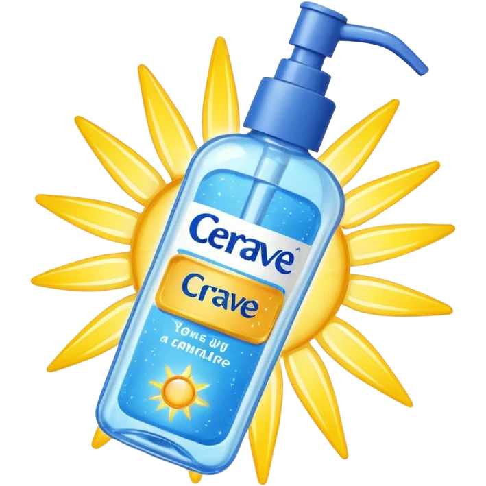 White CeraVe bottle with blue label and yellow “AM” badge, topped with a pump. Surrounded by protecting radiant sun sparkles, soft UV-deflecting light rings, and a blue protective glow. Feels like a daytime skin shield potion in a sleek, glossy bottle. emoji