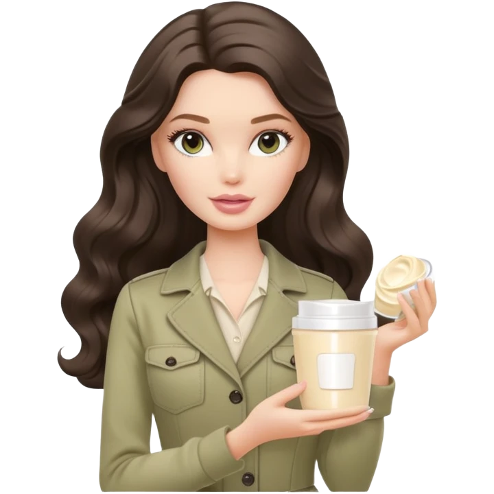 A white Barbie girl with long dark brown wavy hair in pale olive clothes holds Pale beige cosmetic cream pot emoji