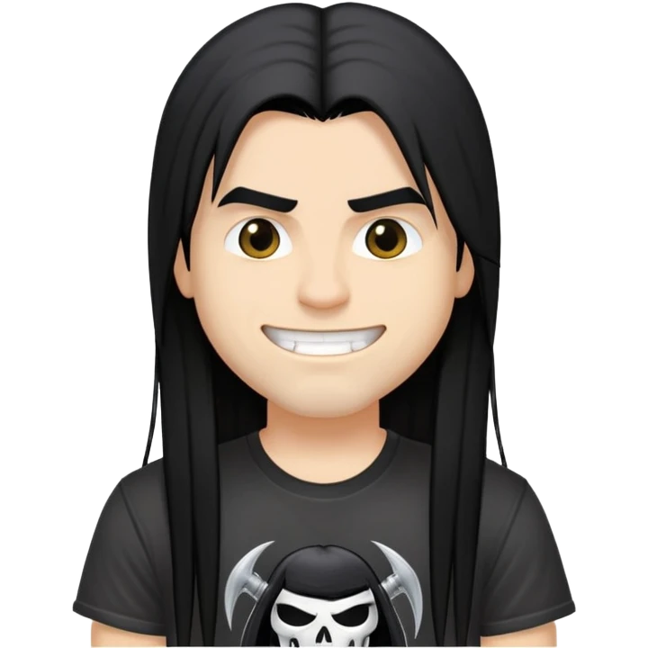 A heavy metal fan with long straight black hair, wearing a black heavy metal band t-shirt, with a smirky smile on face emoji