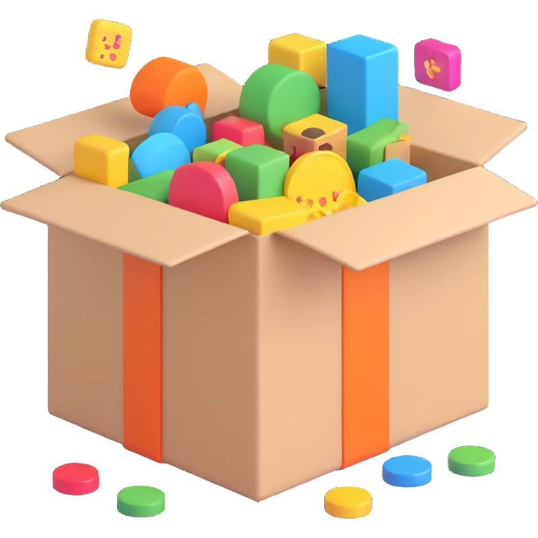 3D playful box with rounded edges, subtle Etch A Sketch references, stream of assorted stickers coming out, suggesting AI-powered creativity emoji