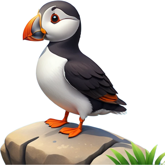 A 3D cartoon puffin bird standing on a rock near the sea, soft daylight, bright colors, realistic Memoji-style. emoji