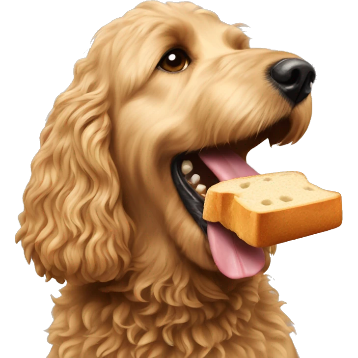 Golden doodle eating bread in the mouth emoji
