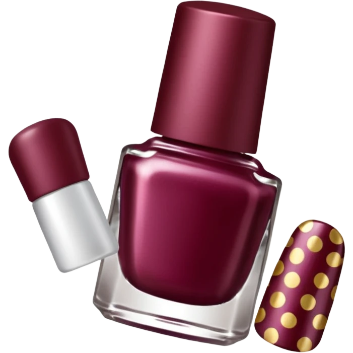 burgundy nail polish bottle, nail polish has light gold iridescence, cap is black with white polka dots, cinematic emoji emoji