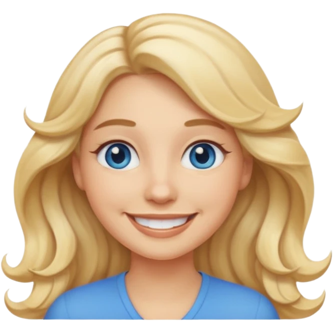 Create a custom emoji-style character inspired by a smiling woman with long, wavy blonde hair, light skin tone, and blue eyes. Emphasize a friendly, approachable expression with a bright smile and soft features. emoji