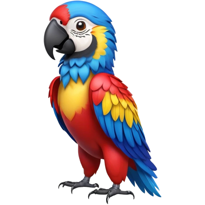 cinematic-macaw-realistic-full-body-standing-emoji,-vibrant-feathers-glowing-with-rich-reds,-blues,-and-yellows,-head-tilted-dramatically,-curved-black-beak-gleaming,-piercing-dark-eyes-exuding-confidence,-simplified-yet-realistic-focused emoji