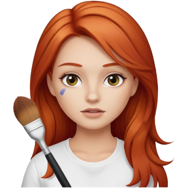 red-haired girl, she has long hair. she is in a white T-shirt, and in her hand near her face she is holding a makeup brush emoji
