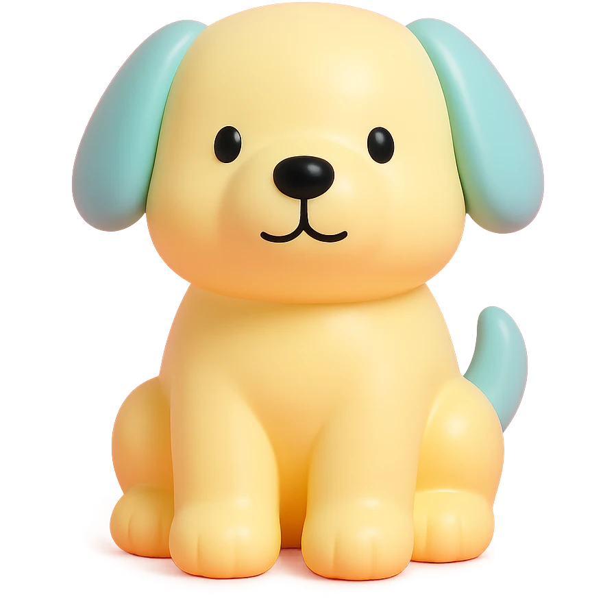               Transform {subject} into a soft vinyl figure with a smooth, glossy surface. The material should look slightly rubbery and tactile, with minimalistic curves and a matte-gloss hybrid finish. Use pastel or soft solid colors. The surface is seamless, with no visible textures or roughness. Studio lighting, vibrant background, clean, playful, designer toy aesthetic. {subject} = dog emoji