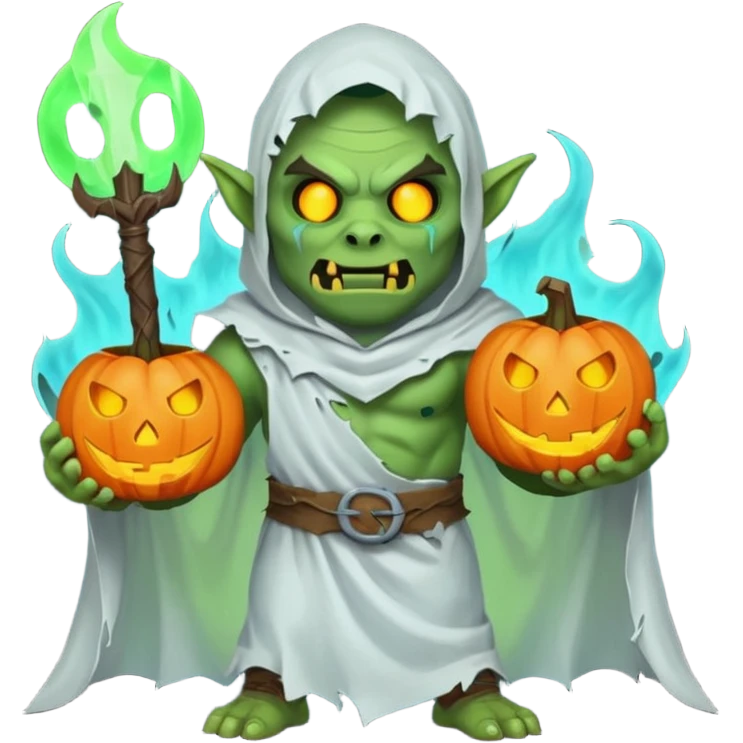 male orc warrior ghost emoji, green skin, tusks, wearing torn white ghost sheet costume, holding glowing jack-o'-lantern, faint blue aura, friendly but spooky expression, Halloween fantasy theme, Apple emoji style, clean white background, square emoji