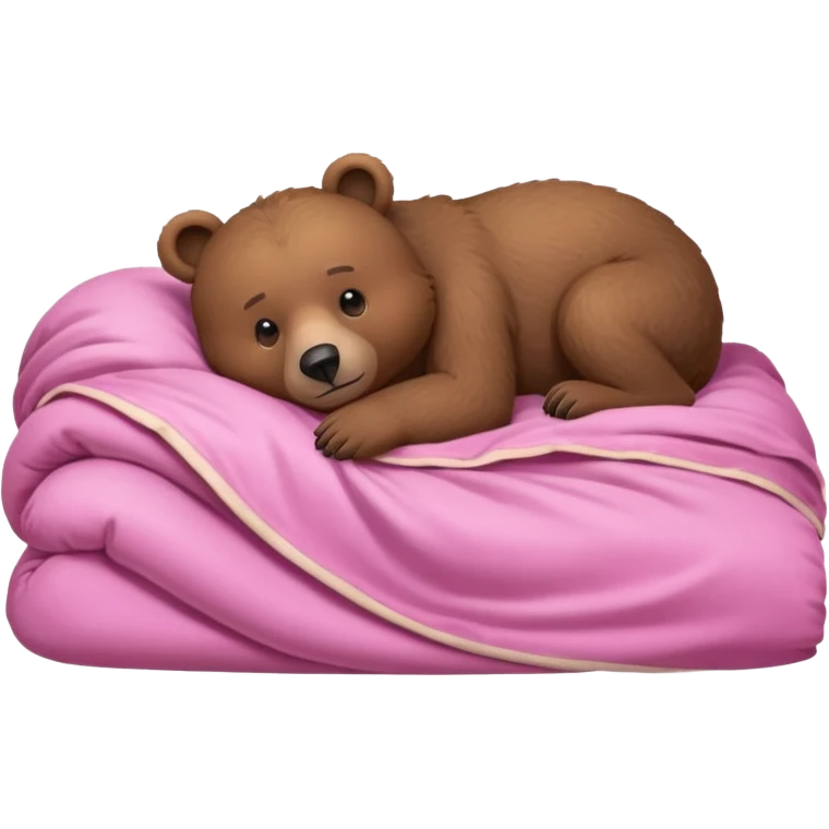 A brown bear lying on its side in a pink bed, curled up under the covers, trying to get comfortable. emoji