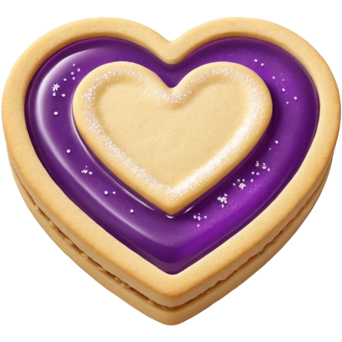 Realistic shortbread cookie in the shape of a heart with violet jelly middle filling and sprinkled powder sugar on top. emoji