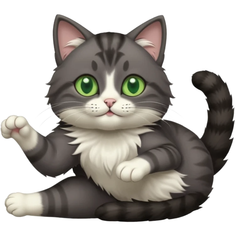 dark grey cat with green eyes, white toes/paws and white patch on her chest playfully rolling upside down emoji