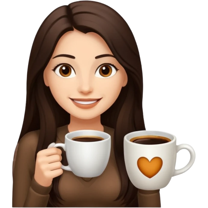 Straight Dark Brown long haired sexy woman smiling with dark brown eyes with cup of coffee emoji