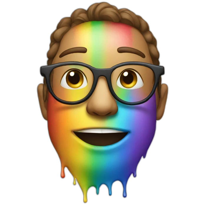 a rainbow with a human face with glasses, a smile and some paint emoji