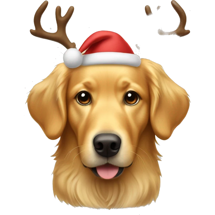 Golden retriever wearing reindeer ears emoji