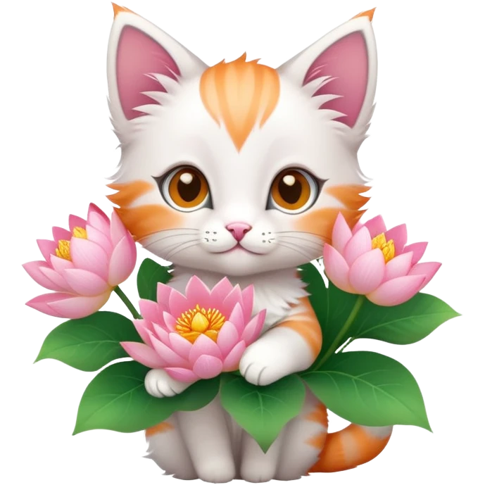 Kitten holding a bouquet of lotus flowers emoji